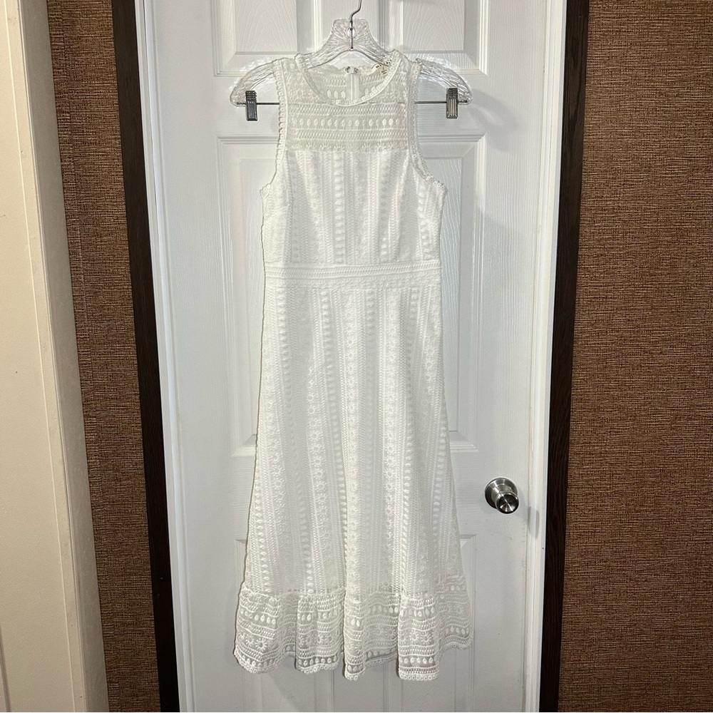 Miami White Lace Scoop Neck Sleevless Ruffle Hem Midi Dress Small - Picture 1 of 11